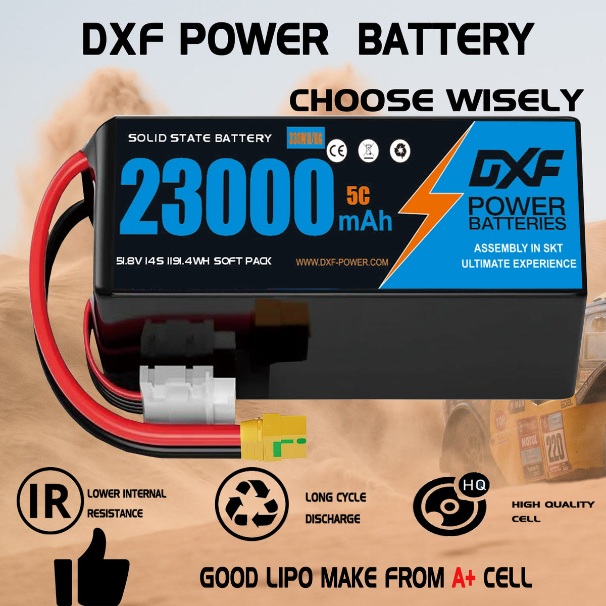 DXF SEMI-SOLID 14S 51.8V 23000mAh 5C Soft Case LiPo Battery with 8AWG Wire for UAVs & Drones (1-6 Pack)