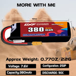 DXF 2S 7.6V 380mAh 90C LiPo Battery for FPV Micro Drones (PH2.0 / JST / XT30 / SM / XT60 / EC5 / XT90 Options)
