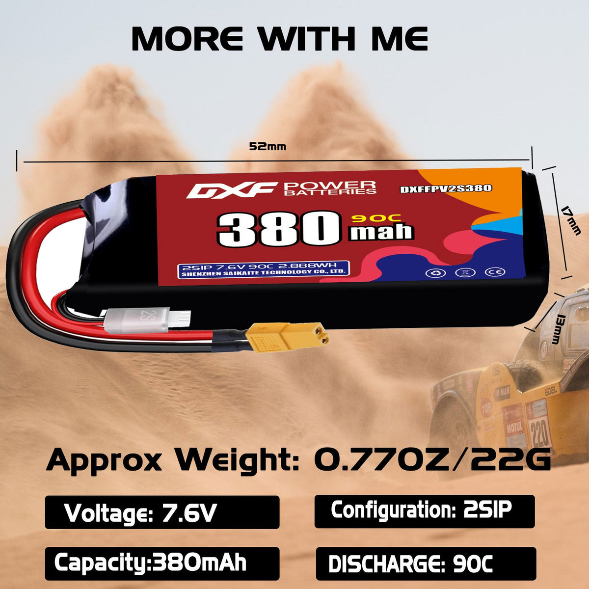 DXF 2S 7.6V 380mAh 90C LiPo Battery for FPV Micro Drones (PH2.0 / JST / XT30 / SM / XT60 / EC5 / XT90 Options)