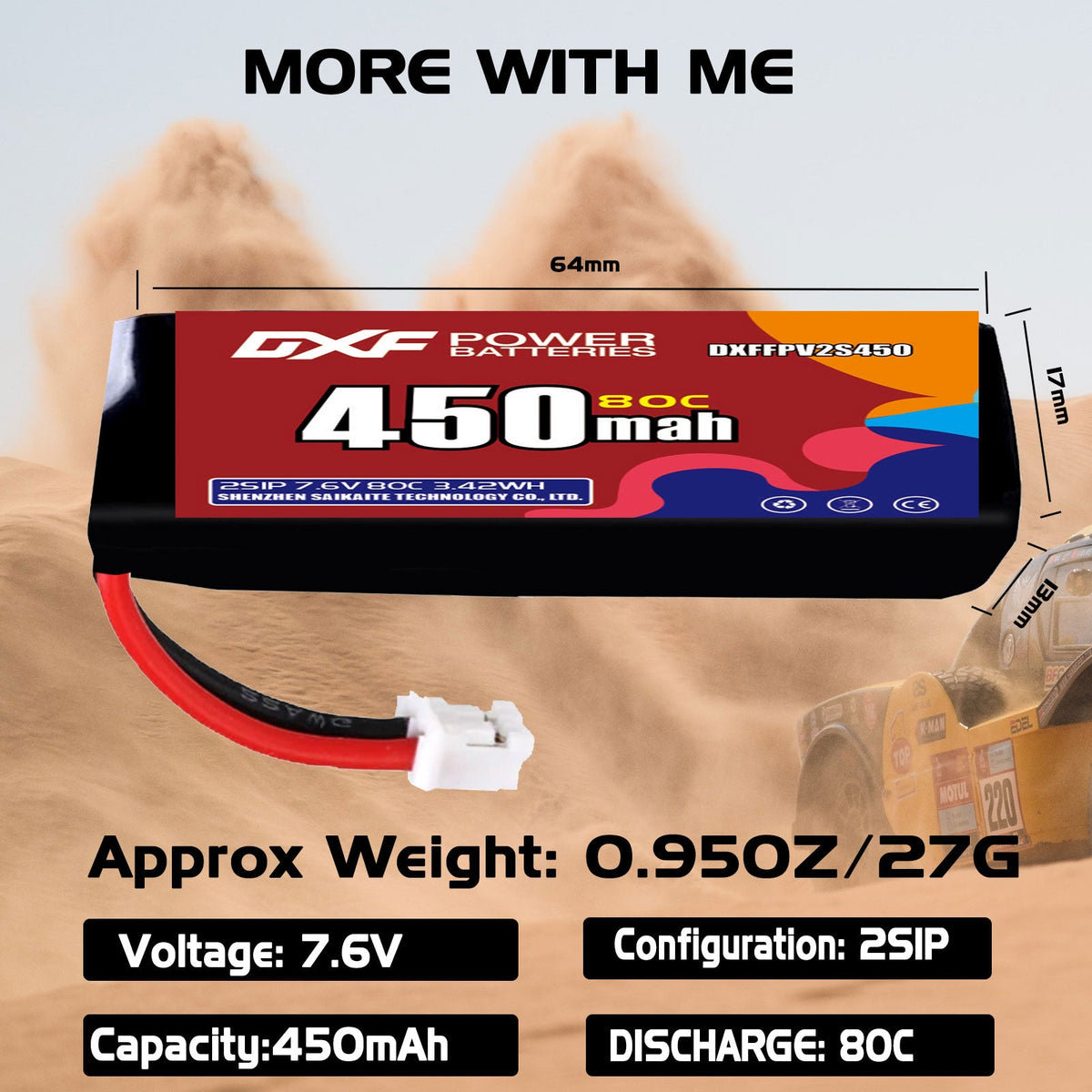 DXF LiPo Battery 2S HV 7.6V 450mAh 80C with PH2.0 / JST / XT30 / SM / XT60 / EC5 / XT90 for FPV Drone Whoop Micro Racing