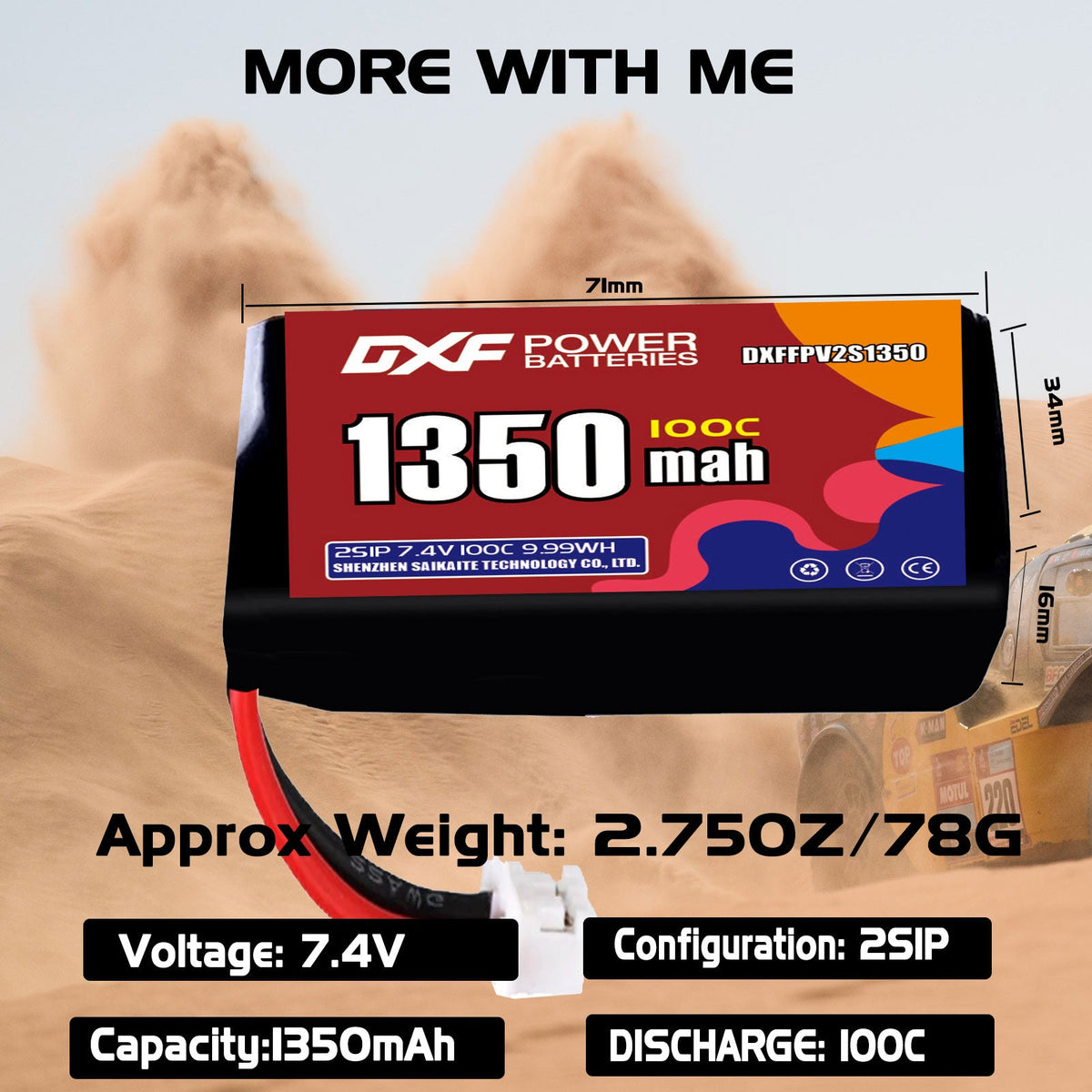 DXF 2S 7.4V 1350mAh 100C LiPo Battery for FPV Micro Drones (PH2.0 / JST / XT30 / SM / XT60 / EC5 / XT90 Options)