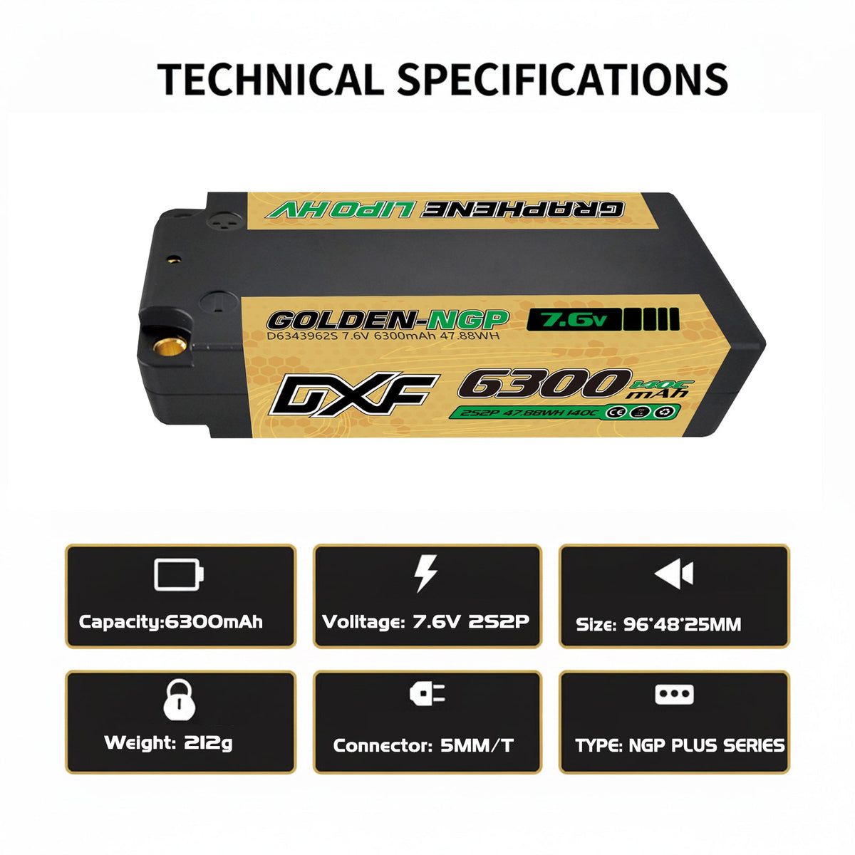 DXF LiPo Battery 2S2P HV 7.6V 6300mAh 130C Graphene NGP Plus Gold Version with 5mm Bullet / EC5 / T / TRX / XT60 / XT90 / XT150 / Q8s Plug for RC 1/10 1/8 Scale Car Racing