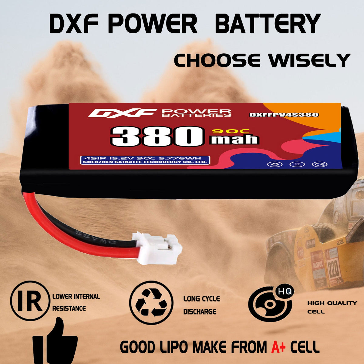 DXF 4S 15.2V 380mAh 90C LiPo Battery for FPV Micro Drones (PH2.0 / JST / XT30 / SM / XT60 / EC5 / XT90 Options)