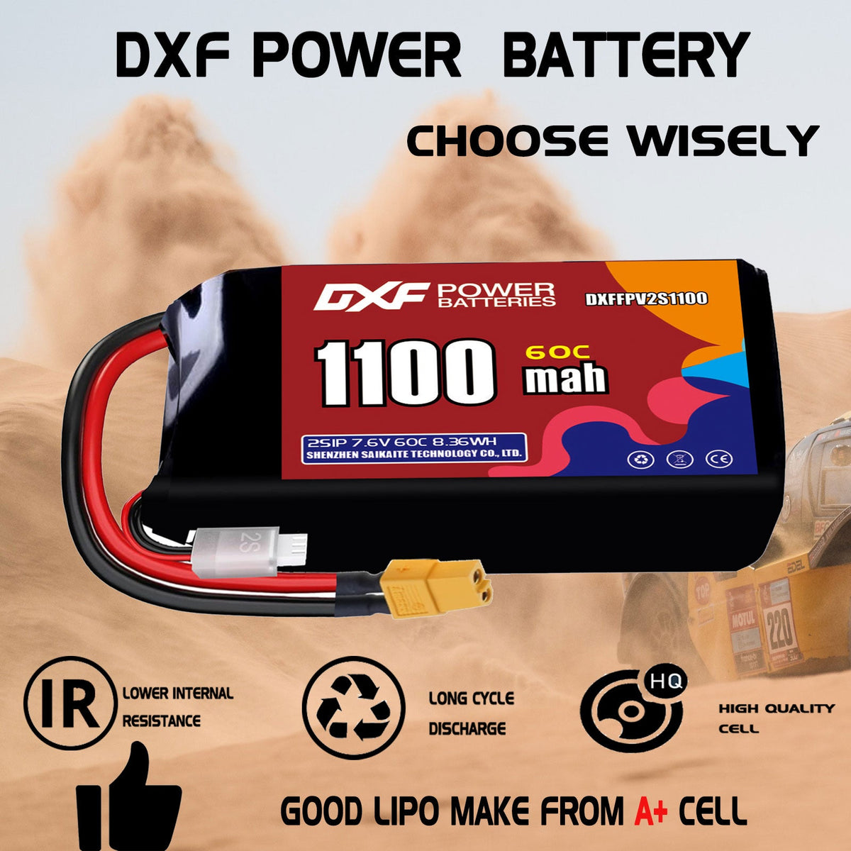 DXF LiPo Battery 2S HV 7.6V 1100mAh 60C with PH2.0 / JST / XT30 / SM / XT60 / EC5 / XT90 for FPV Drone Whoop Micro Racing