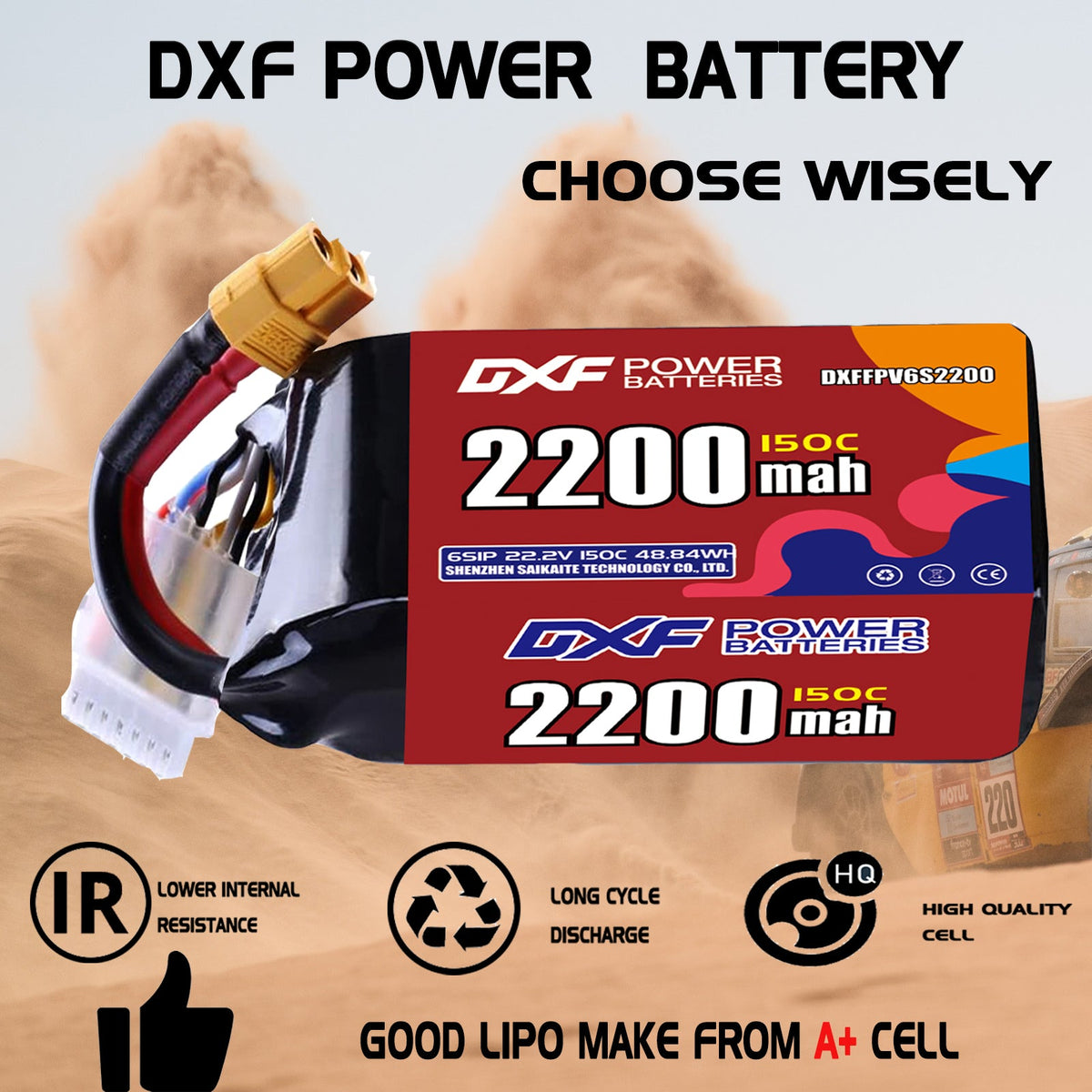 DXF 6S 22.2V 2200mAh 150C LiPo Battery for FPV Micro Drones (PH2.0 / JST / XT30 / SM / XT60 / EC5 / XT90 Options)