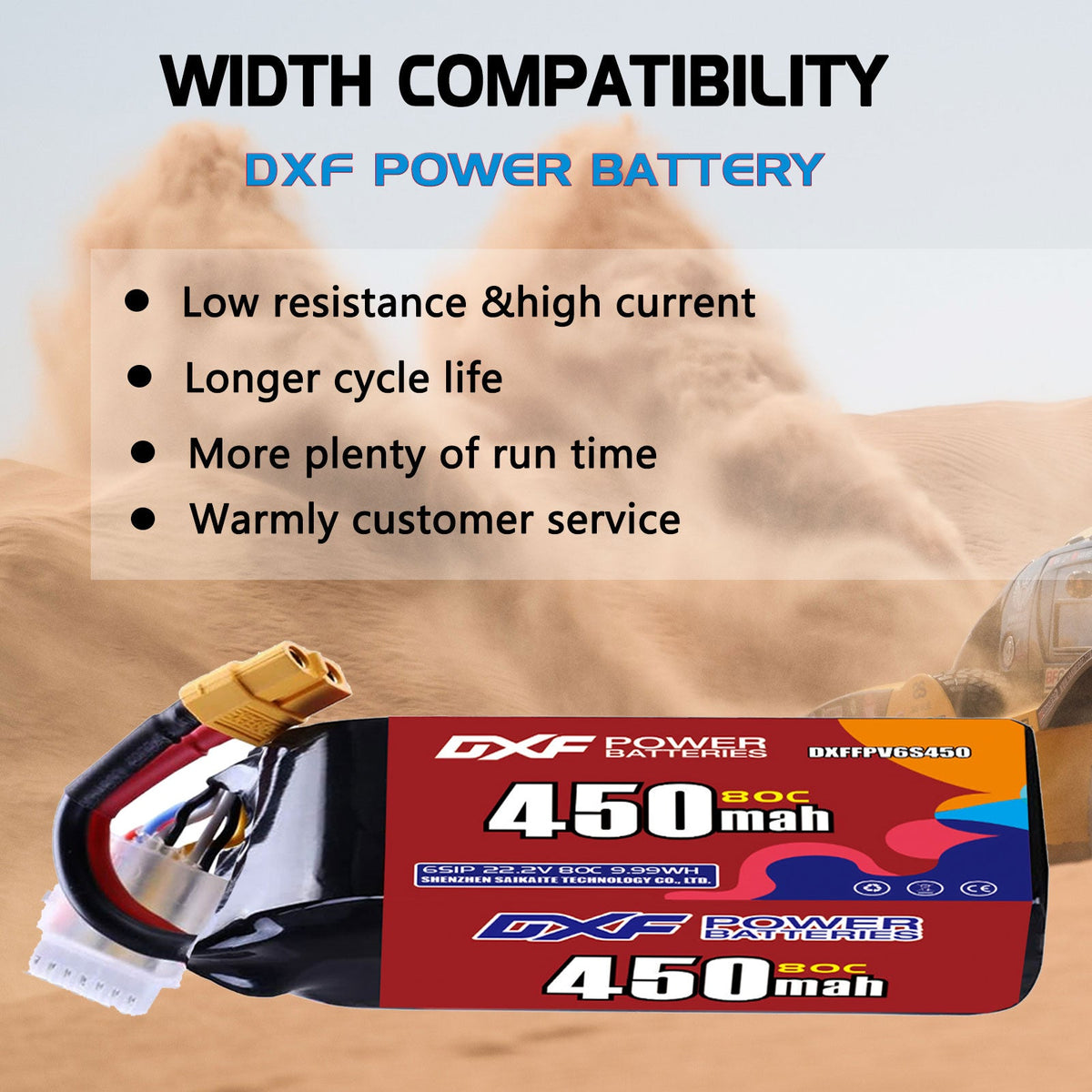 DXF LiPo Battery 6S 22.2V 450mAh 80C with PH2.0 / JST / XT30 / SM / XT60 / EC5 / XT90 for FPV Drone Whoop Micro Racing