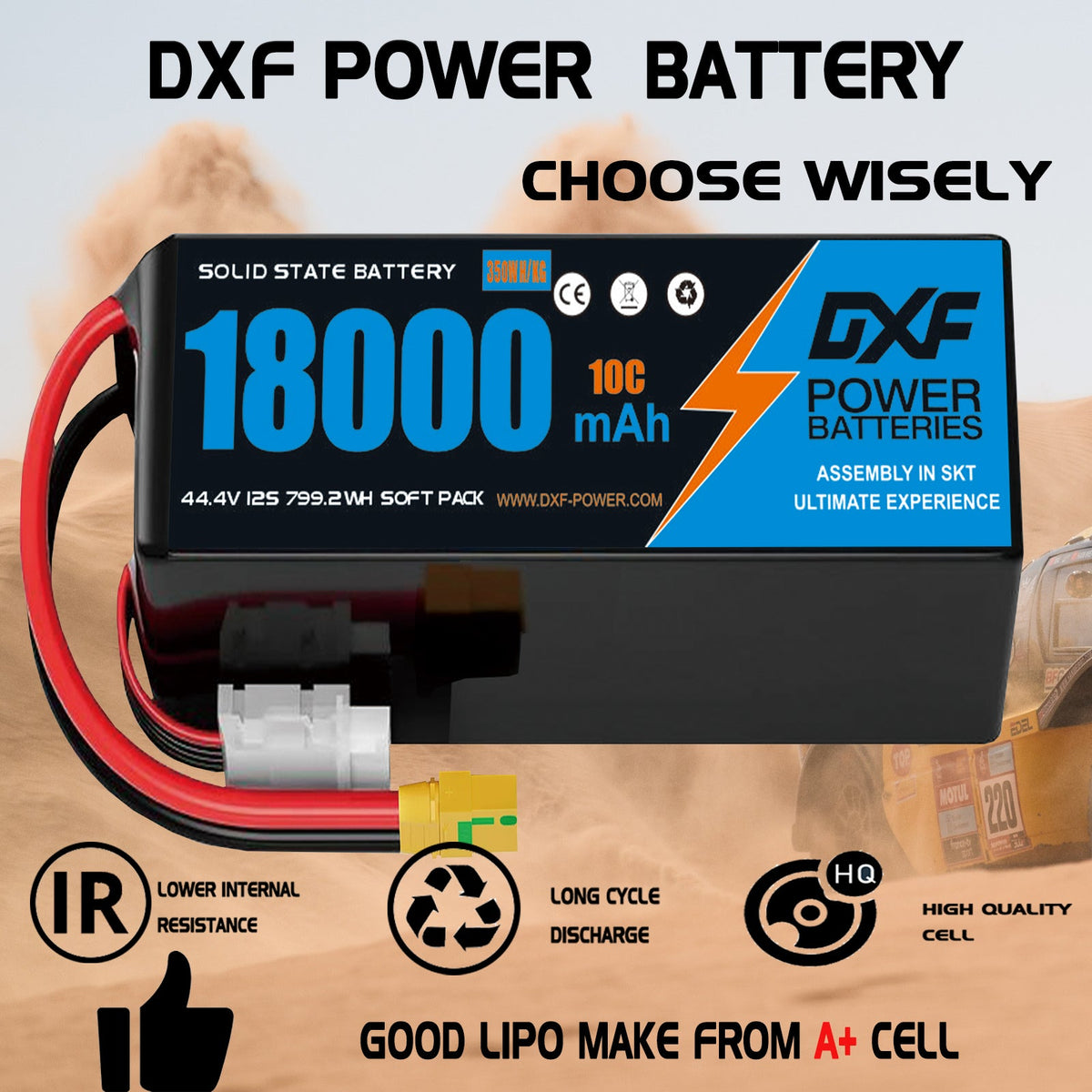DXF SEMI-SOLID 12S 44.4V 18000mAh 10C Soft Case LiPo Battery with 8AWG Wire for UAVs & Drones (1-6 Pack)