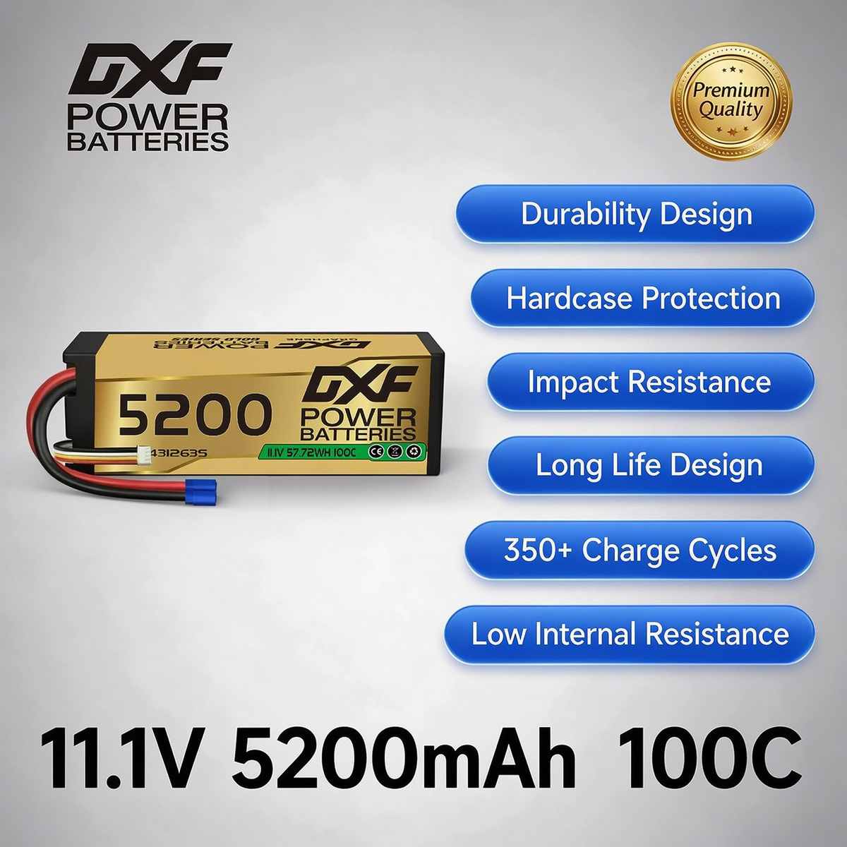 DXF GOLD Series 3S 11.1V 5200mAh 100C Graphene Hardcase LiPo Battery with EC5 Plug for 1/8 1/10 RC Car Truck (1-6 Pack)