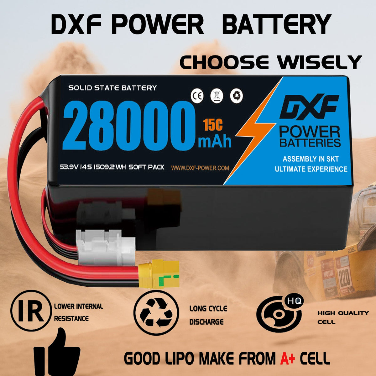 DXF SEMI-SOLID 14S 53.9V 28000mAh 15C Soft Case LiPo Battery with 8AWG Wire for Toy Cars, Boats, UAVs & Drones (1-6 Pack)