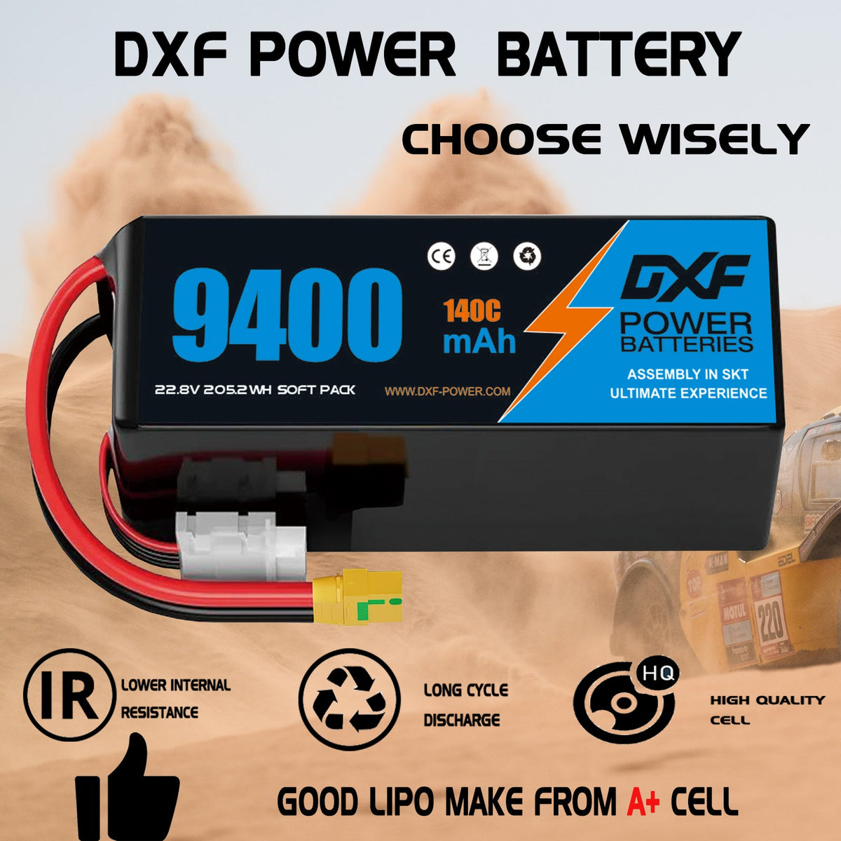 DXF 6S 22.8V 9400mAh 100C Soft Case LiPo Battery with 10AWG Wire for Toy Cars, Boats, UAVs & Drones (1-6 Pack)