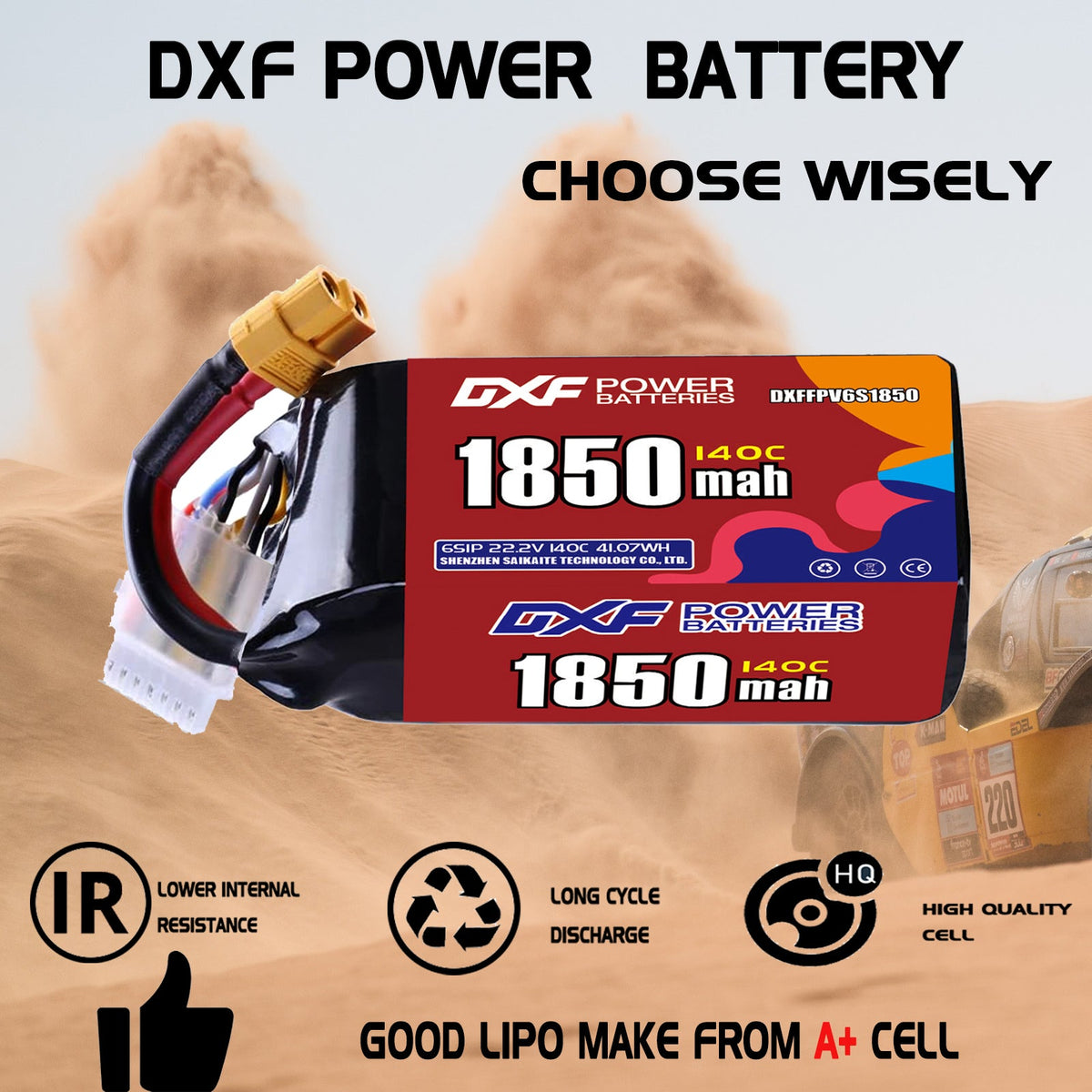 DXF 6S 22.2V 1850mAh 140C LiPo Battery for FPV Micro Drones (PH2.0 / JST / XT30 / SM / XT60 / EC5 / XT90 Options)