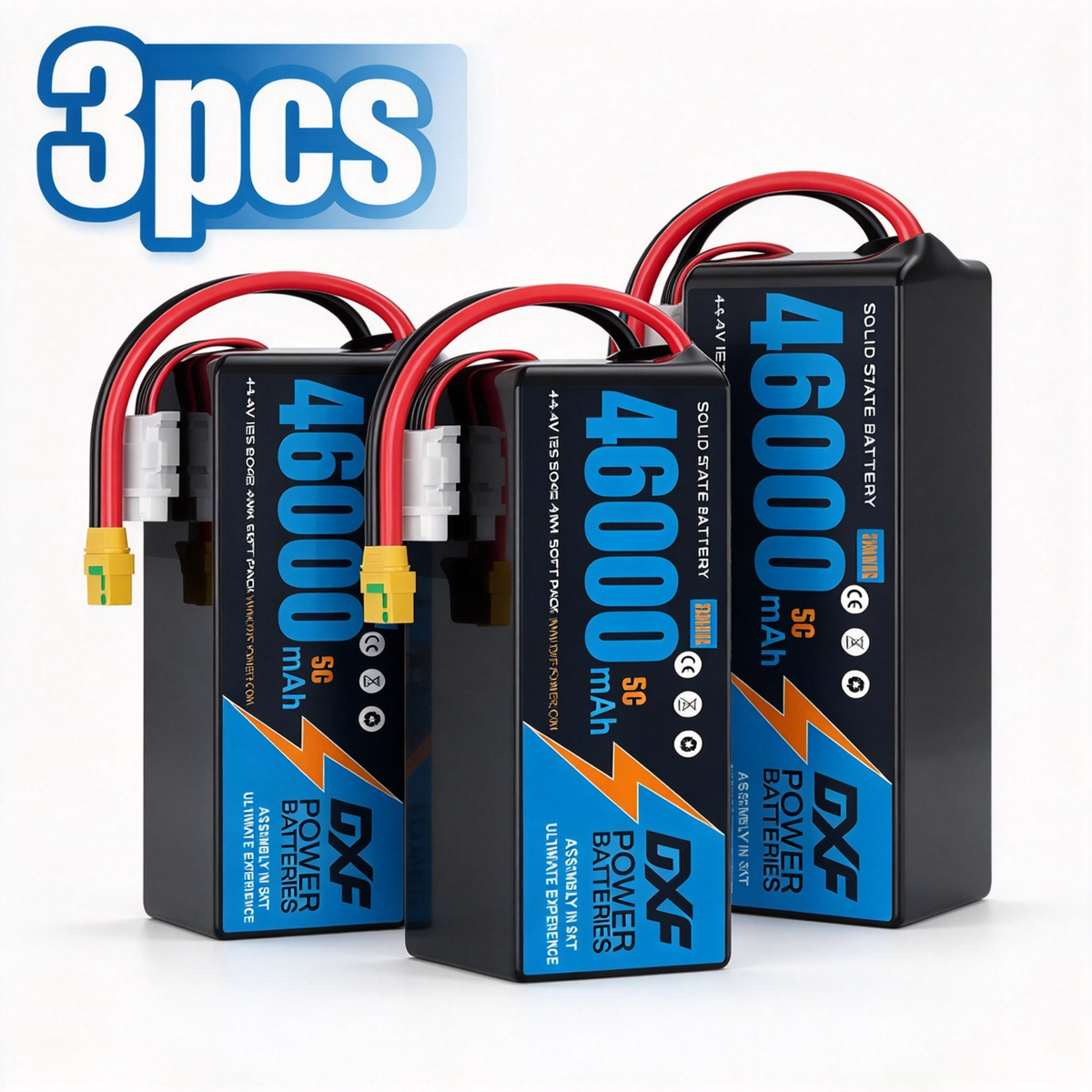 DXF SEMI-SOLID 12S 44.4V 46000mAh 5C Soft Case LiPo Battery with 8AWG Wire for Toy Cars, Boats, UAVs & Drones (1-6 Pack)