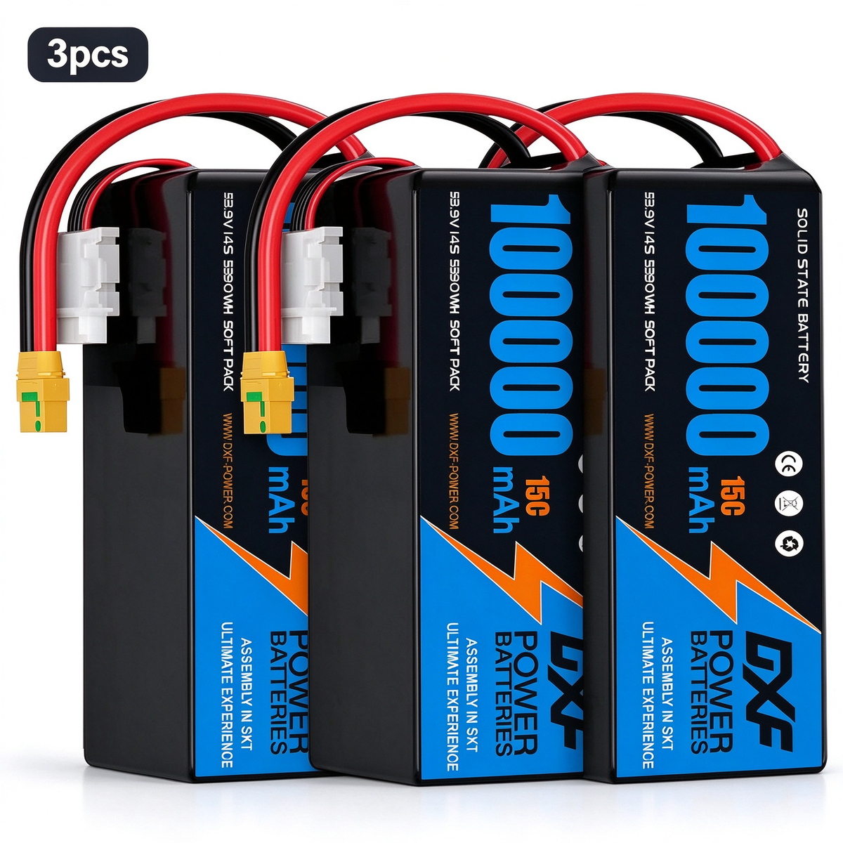 DXF SEMI-SOLID 14S 53.9V 100000mAh 15C Soft Case LiPo Battery with 8AWG Wire for Toy Cars, Boats, UAVs & Drones (1-6 Pack)