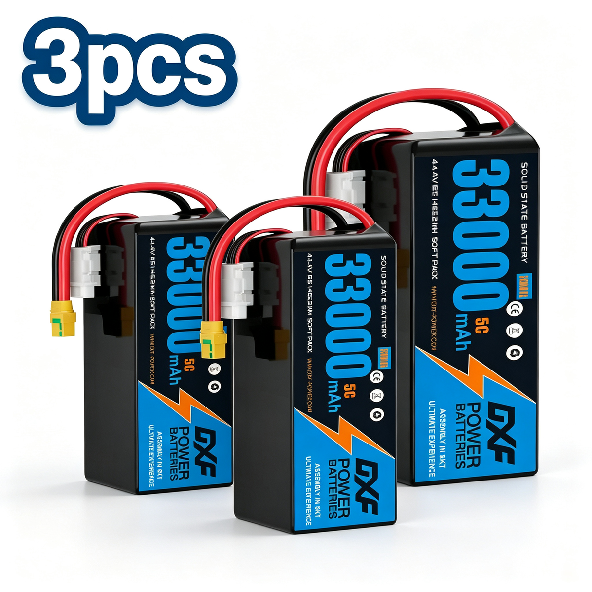 DXF SEMI-SOLID 12S 44.4V 33000mAh 5C Soft Case LiPo Battery with 8AWG Wire for Toy Cars, Boats, UAVs & Drones (1-6 Pack)