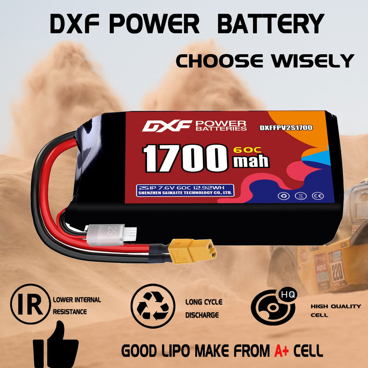 DXF LiPo Battery 2S HV 7.6V 1700mAh 60C with PH2.0 / JST / XT30 / SM / XT60 / EC5 / XT90 for FPV Drone Whoop Micro Racing