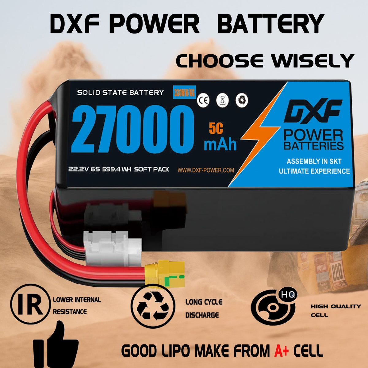 DXF 6S 22.2V 27000mAh 5C Soft Case LiPo Battery with 8AWG Wire for Toy Cars, Boats, UAVs & Drones (1-6 Pack)