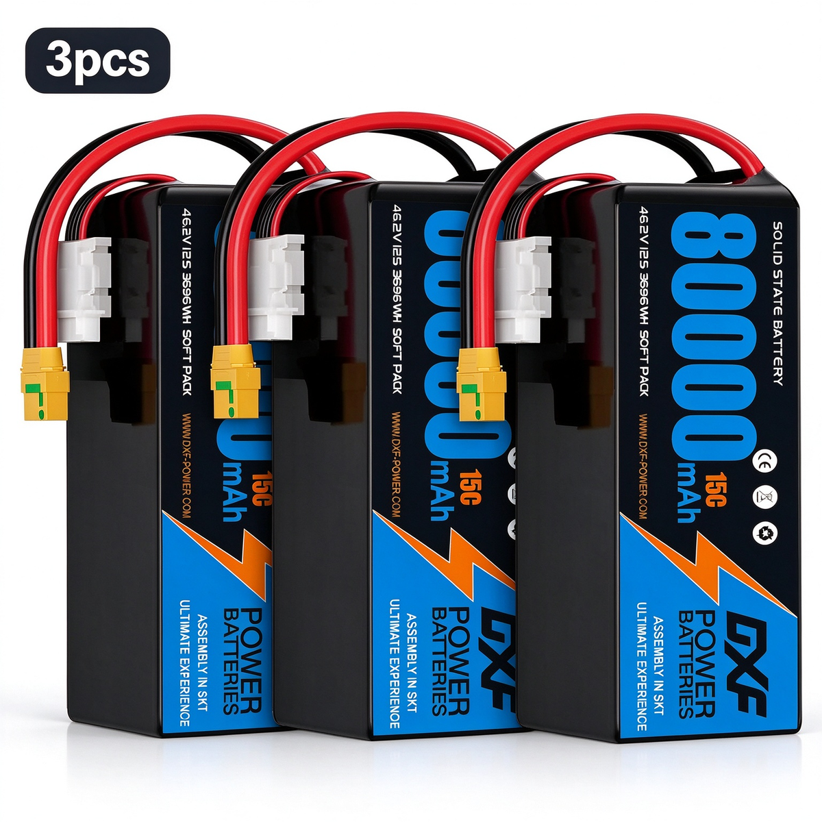 DXF SEMI-SOLID 12S 46.2V 80000mAh 15C Soft Case LiPo Battery with 8AWG Wire for Toy Cars, Boats, UAVs & Drones (1-6 Pack)