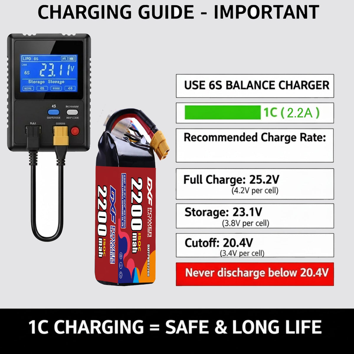 DXF 6S 22.2V 2200mAh 150C Graphene Softcase LiPo Battery with XT60 & 12AWG Wire (1-6 Pack)
