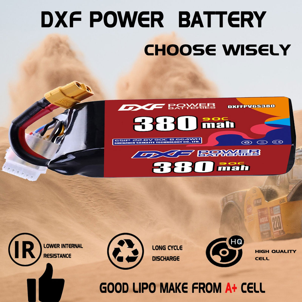 DXF 6S 22.8V 380mAh 90C LiPo Battery for FPV Micro Drones (PH2.0 / JST / XT30 / SM / XT60 / EC5 / XT90 Options)