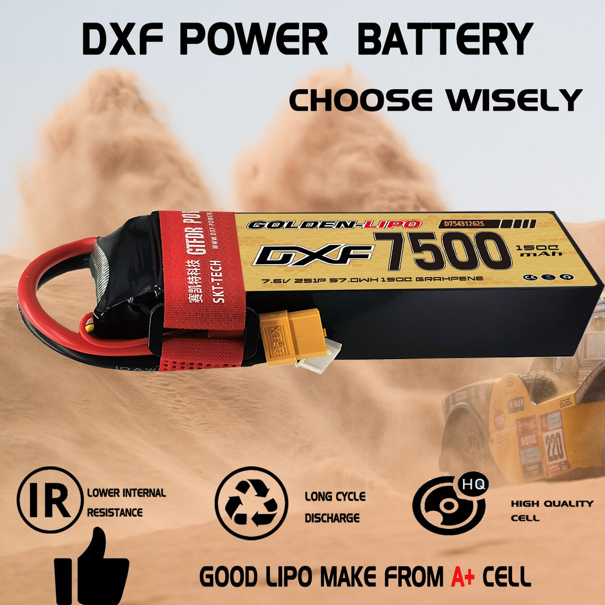 DXF Lipo Battery 2S HV 7.6V 7500mAh 150C GoldSeries Graphene Softcase with EC5 / T / TRX / XT60 / XT90 / XT150 / Q8s Plug for RC 1/8 1/10 Buggy Truck Car Off-Road Drone