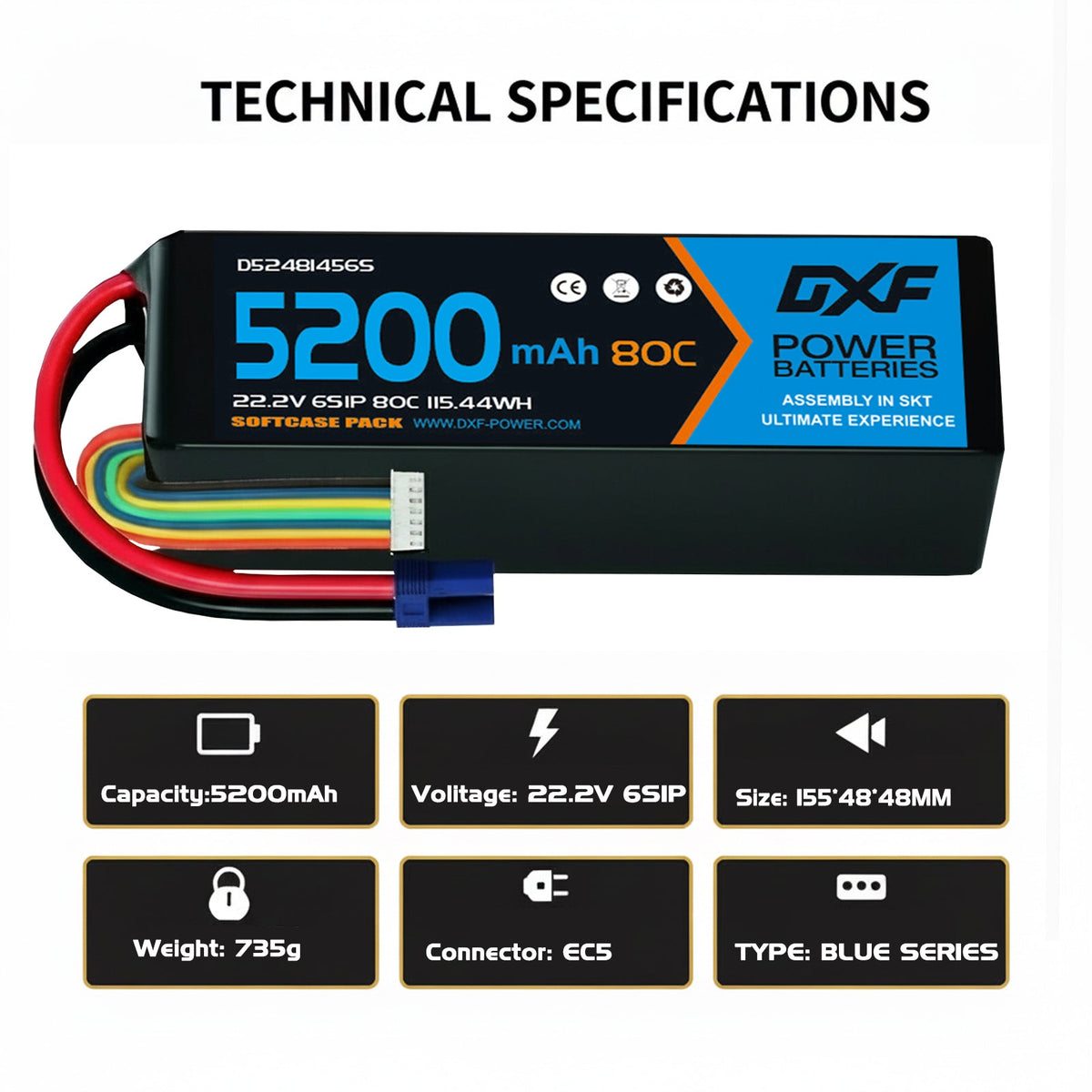 DXF 6S 22.2V 5200mAh 80C Graphene Softcase LiPo Battery with EC5 & 10AWG Wire (1-6 Pack)