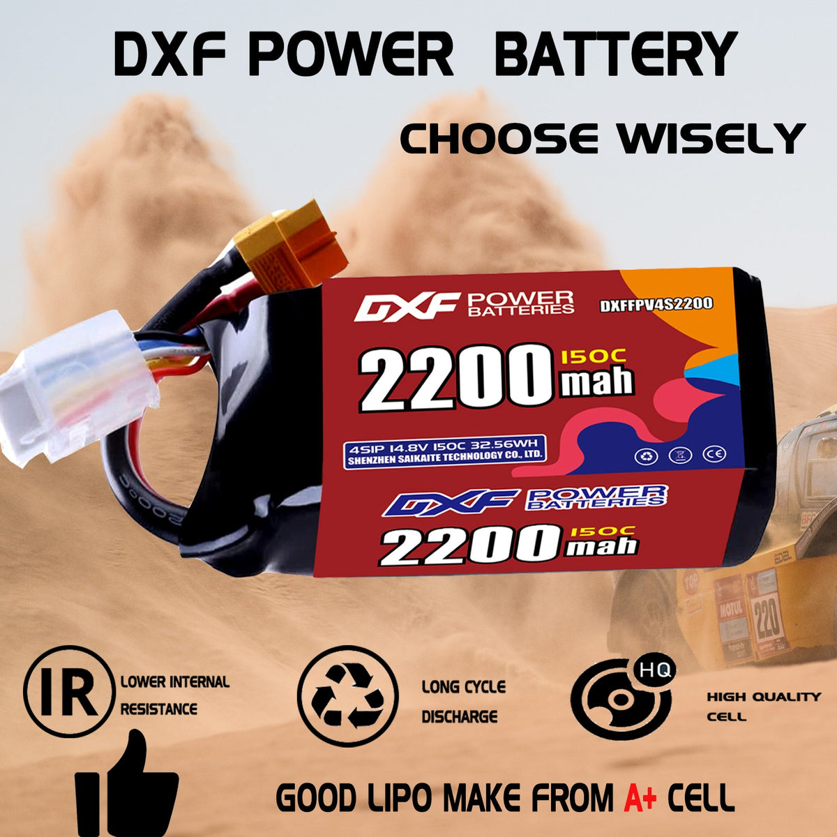 DXF 4S 14.8V 2200mAh 150C LiPo Battery for FPV Micro Drones (PH2.0 / JST / XT30 / SM / XT60 / EC5 / XT90 Options)
