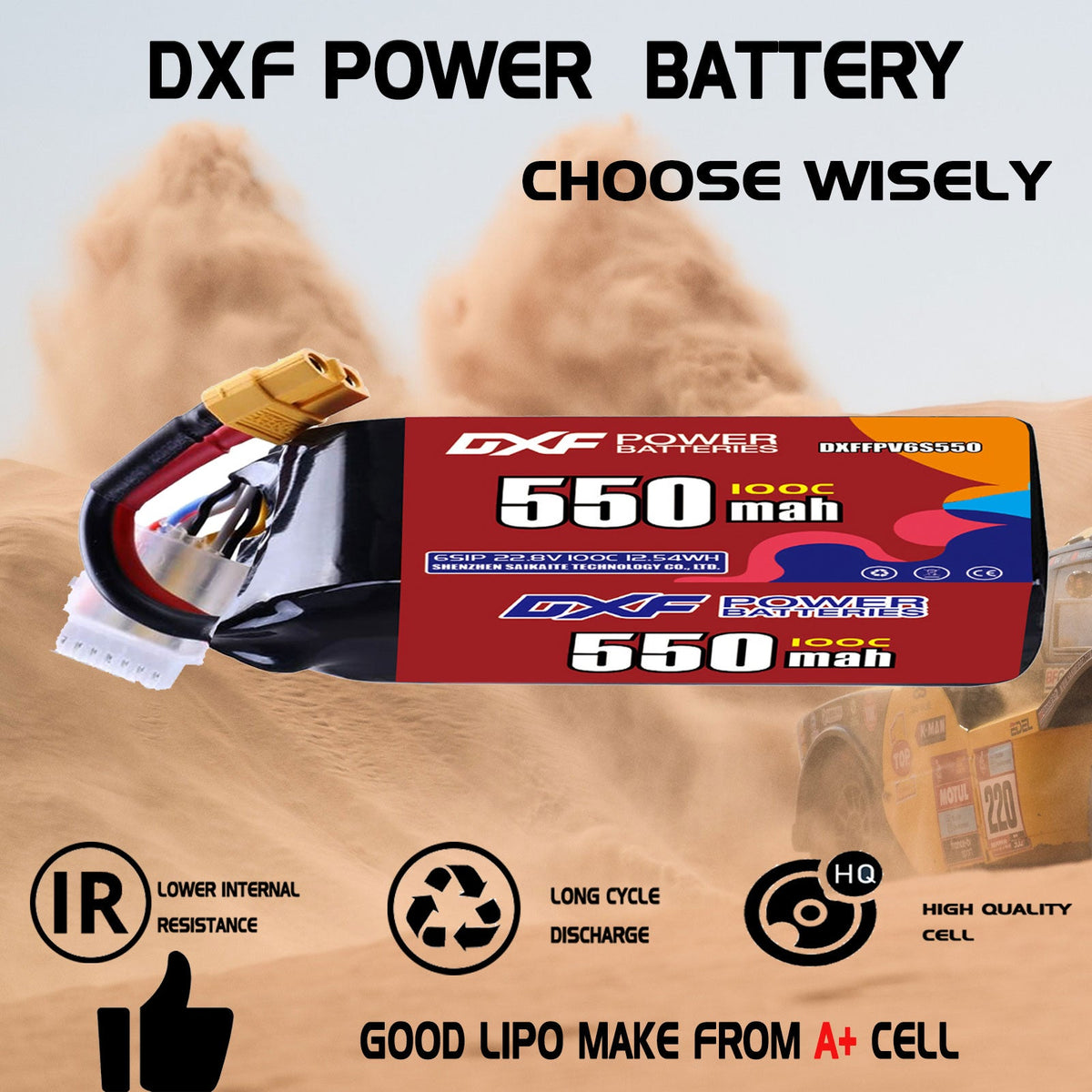 DXF 6S 22.8V 550mAh 100C LiPo Battery for FPV Micro Drones (PH2.0 / JST / XT30 / SM / XT60 / EC5 / XT90 Options)