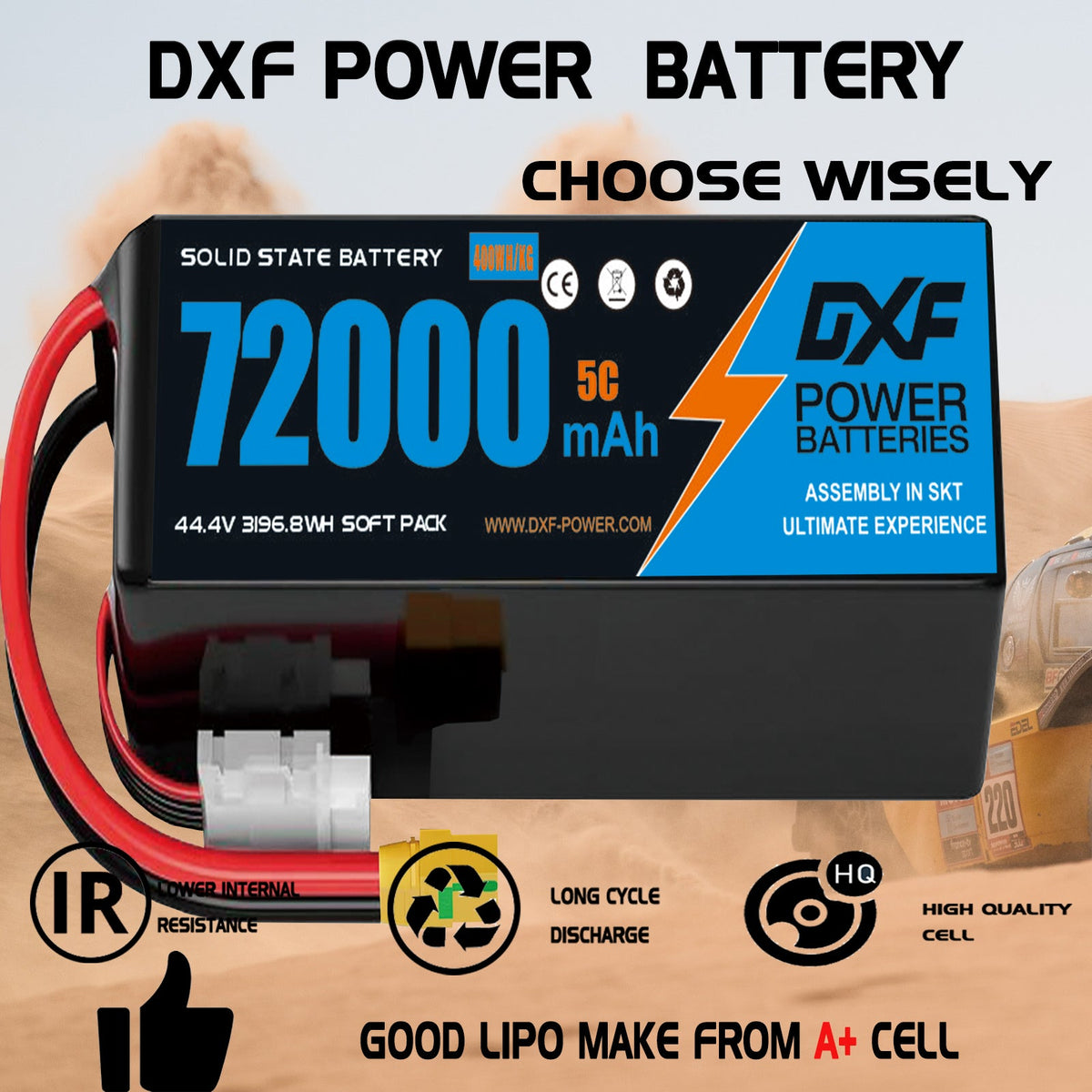 DXF 12S 44.4V 72000mAh 5C Soft Case LiPo Battery with 8AWG Wire for Toy Cars, Boats, UAVs & Drones (1-6 Pack)