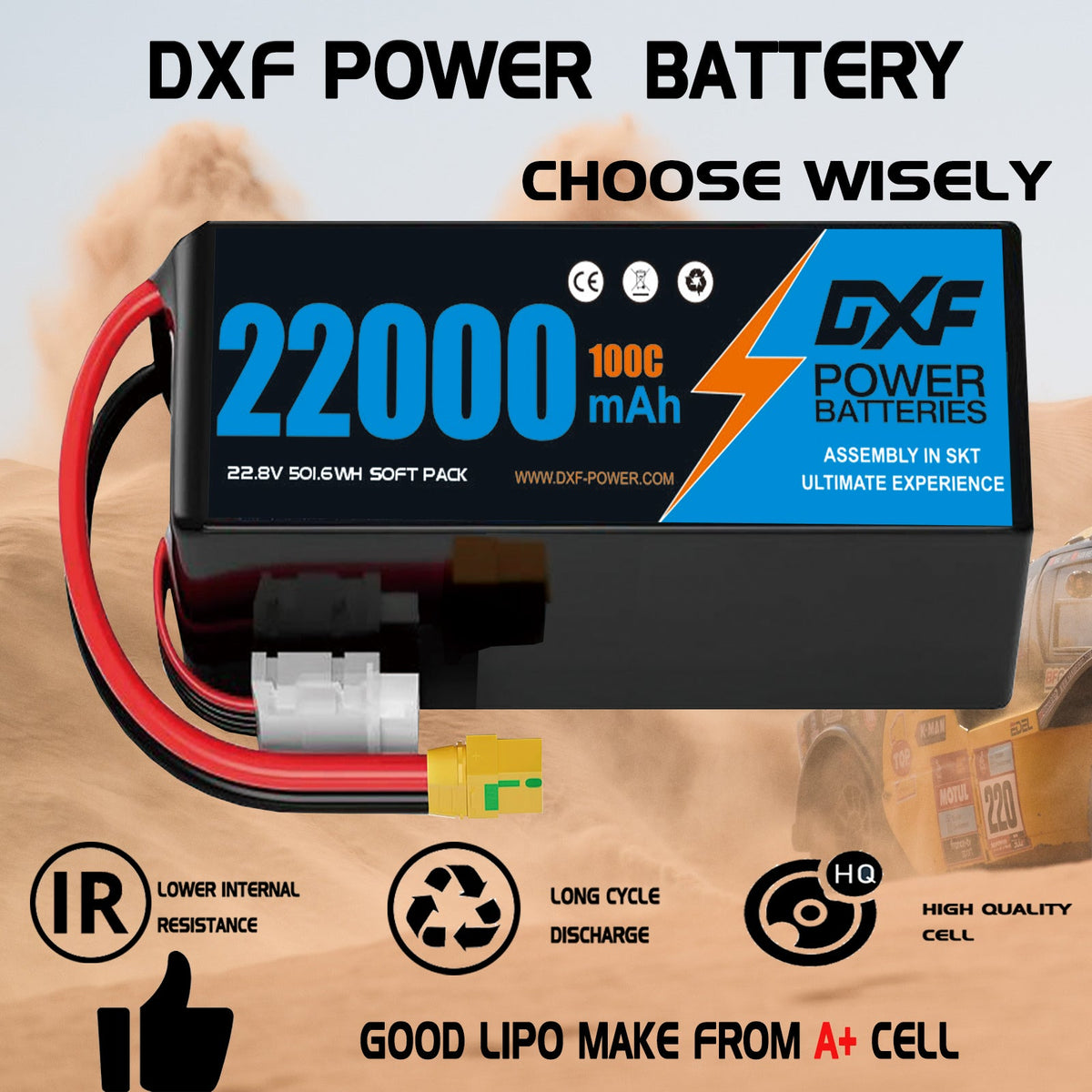 DXF LiPo Battery 6S HV 22.8V 22000mAh 100C Graphene Softcase Blue with EC5 / T / TRX / XT60 / XT90 / XT150 / Q8s Plug for RC 1/8 1/10 Buggy Truck Car Off-Road Drone