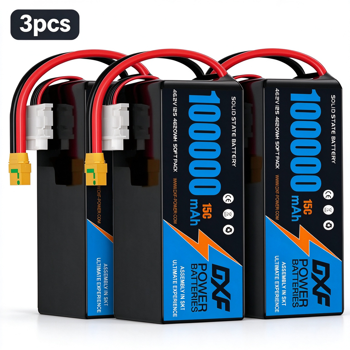 DXF SEMI-SOLID 12S 46.2V 100000mAh 15C Soft Case LiPo Battery with 8AWG Wire for Toy Cars, Boats, UAVs & Drones (1-6 Pack)