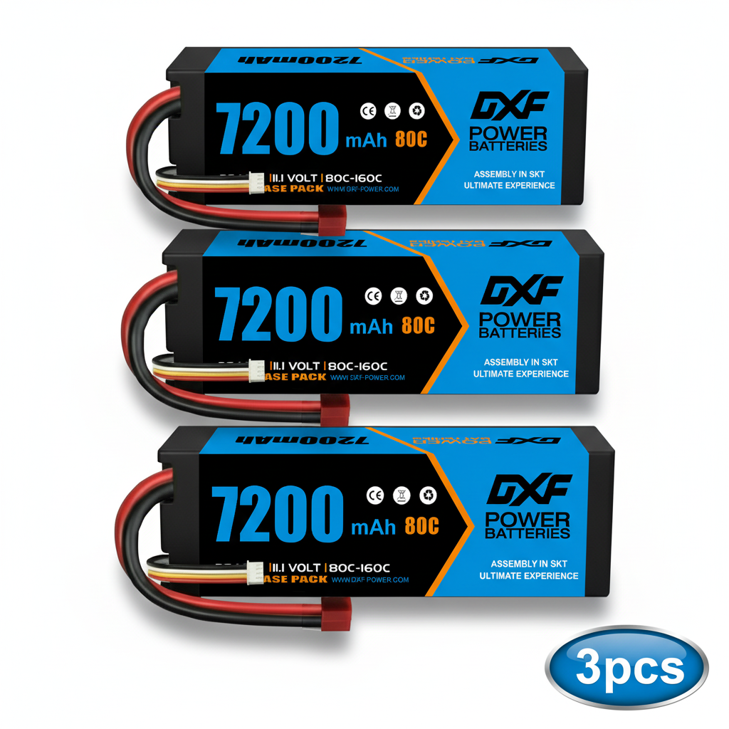DXF BLUE Series 3S 11.1V 7200mAh 80C Hardcase LiPo Battery with Deans/T-Plug & 10AWG Wire (1-6 Pack)