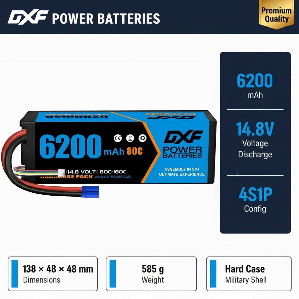 DXF 4S 14.8V 6200mAh 80C Hardcase LiPo Battery with 10AWG EC5 for 1/8 1/10 RC Cars, Trucks, Buggies (1-6 Pack Available)