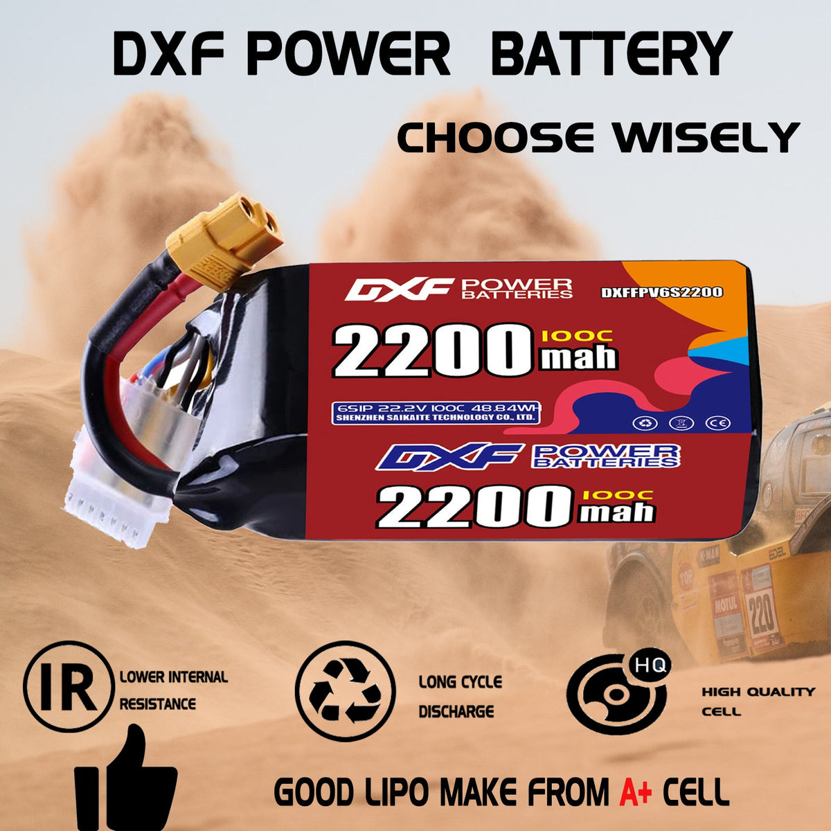 DXF 6S 22.2V 2200mAh 100C LiPo Battery for FPV Micro Drones (PH2.0 / JST / XT30 / SM / XT60 / EC5 / XT90 Options)