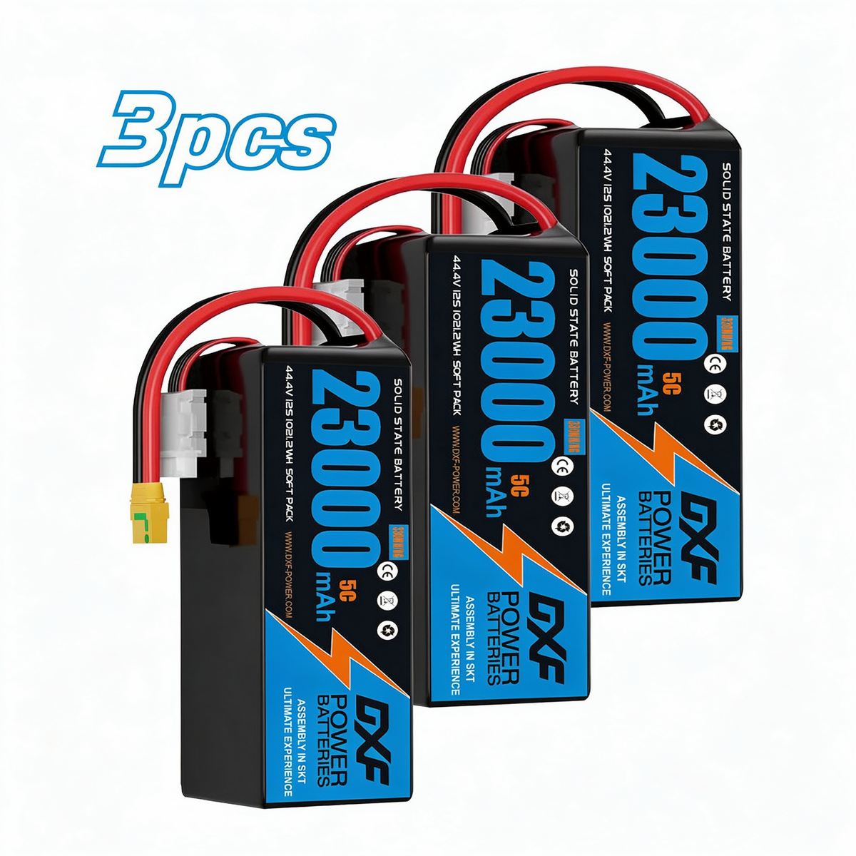 DXF SEMI-SOLID 12S 44.4V 23000mAh 5C Soft Case LiPo Battery with 8AWG Wire for UAVs & Drones (1-6 Pack)