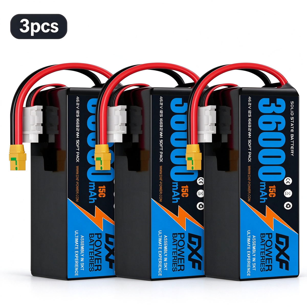 DXF SEMI-SOLID 12S 46.2V 36000mAh 15C Soft Case LiPo Battery with 8AWG Wire for Toy Cars, Boats, UAVs & Drones (1-6 Pack)
