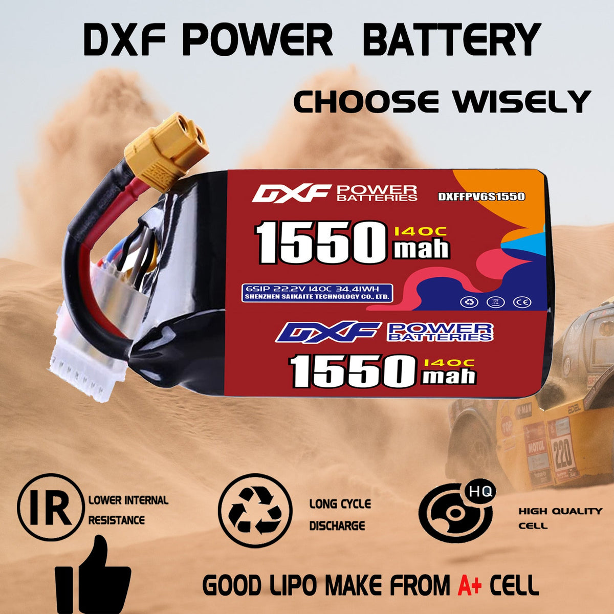 DXF 6S 22.2V 1550mAh 140C LiPo Battery for FPV Micro Drones (PH2.0 / JST / XT30 / SM / XT60 / EC5 / XT90 Options)