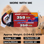 DXF LiPo Battery 2S 7.4V 350mAh 60C with PH2.0 / JST / XT30 / SM / XT60 / EC5 / XT90 for FPV Drone Whoop Micro Racing