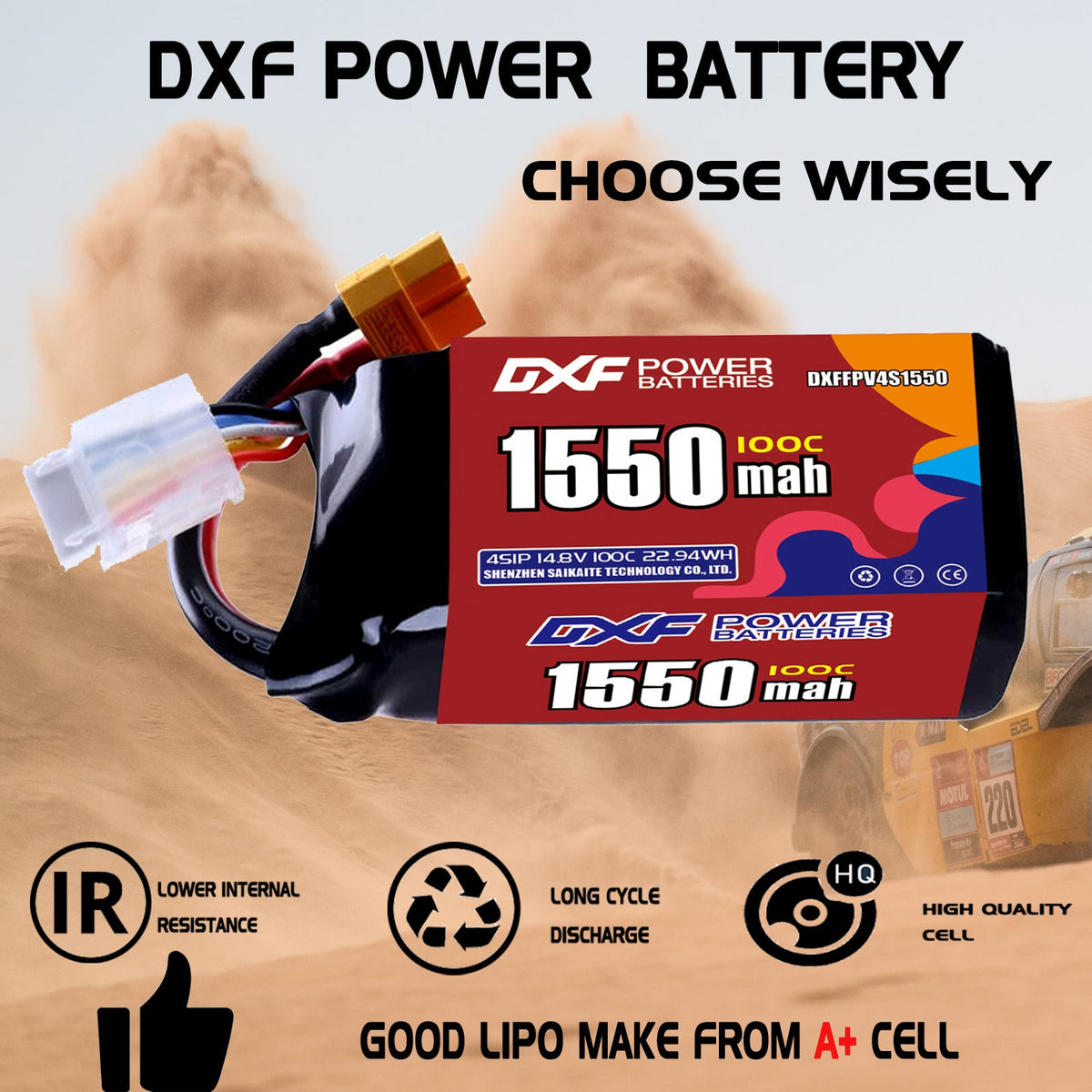 DXF 4S 14.8V 1550mAh 100C LiPo Battery for FPV Micro Drones (PH2.0 / JST / XT30 / SM / XT60 / EC5 / XT90 Options)