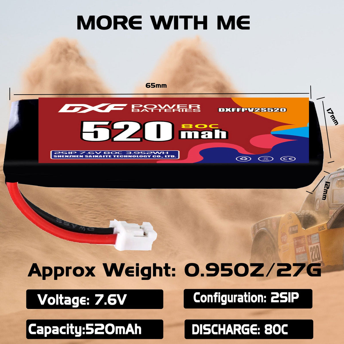 DXF LiPo Battery 2S HV 7.6V 520mAh 80C with PH2.0 / JST / XT30 / SM / XT60 / EC5 / XT90 for FPV Drone Whoop Micro Racing