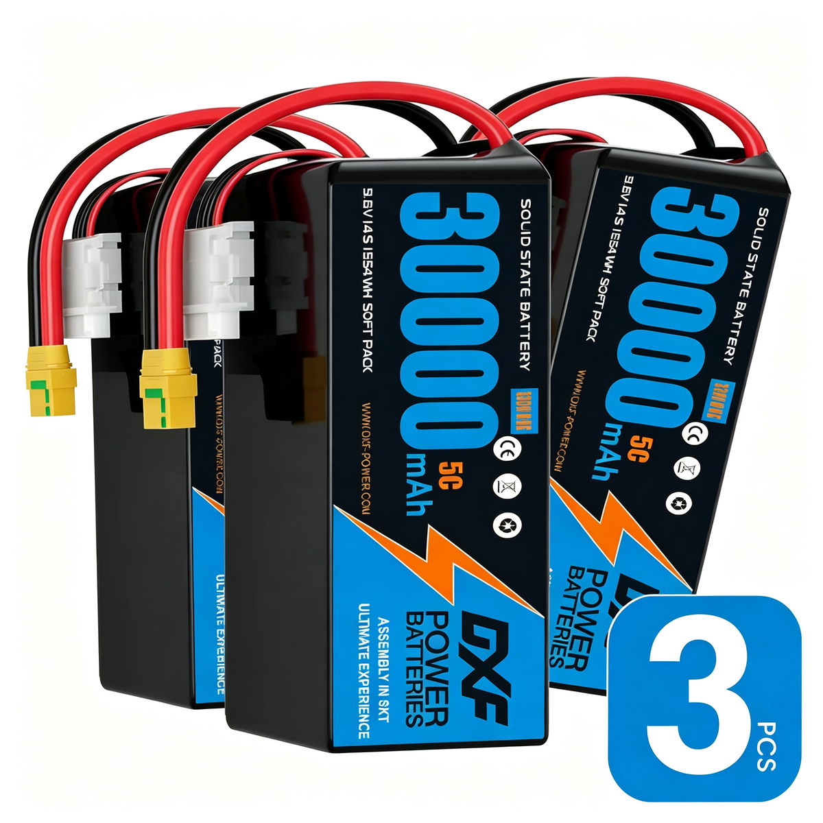 DXF SEMI-SOLID 14S 51.8V 30000mAh 5C Soft Case LiPo Battery with 8AWG Wire for Toy Cars, Boats, UAVs & Drones (1-6 Pack)