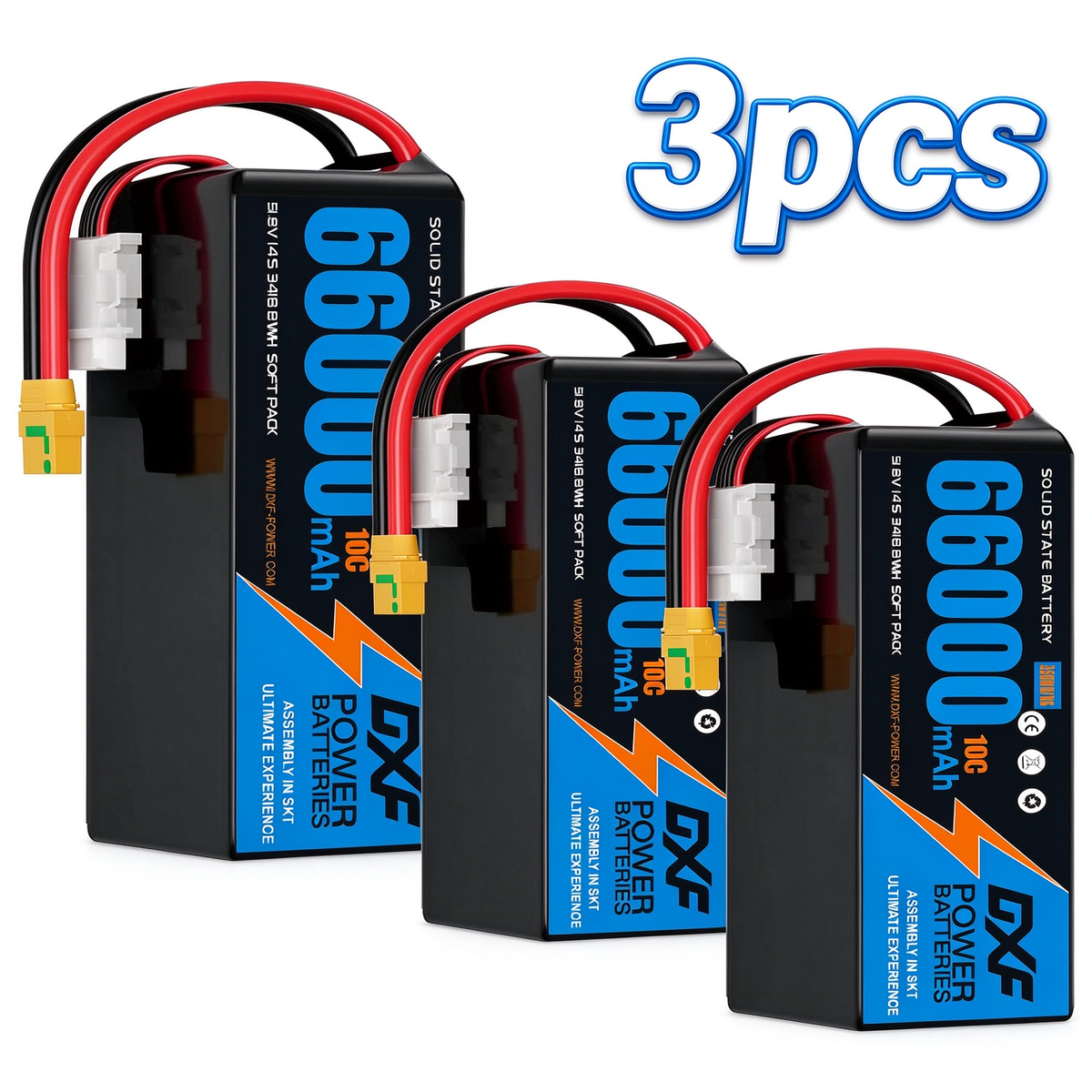 DXF SEMI-SOLID 14S 51.8V 66000mAh 10C Soft Case LiPo Battery with 8AWG Wire for Toy Cars, Boats, UAVs & Drones (1-6 Pack)