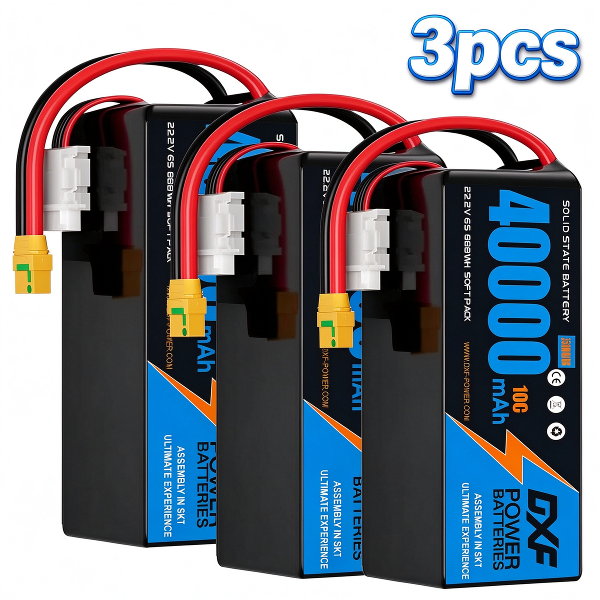 DXF SEMI-SOLID 6S 22.2V 40000mAh 10C Soft Case LiPo Battery with 8AWG Wire for Toy Cars, Boats, UAVs & Drones (1-6 Pack)