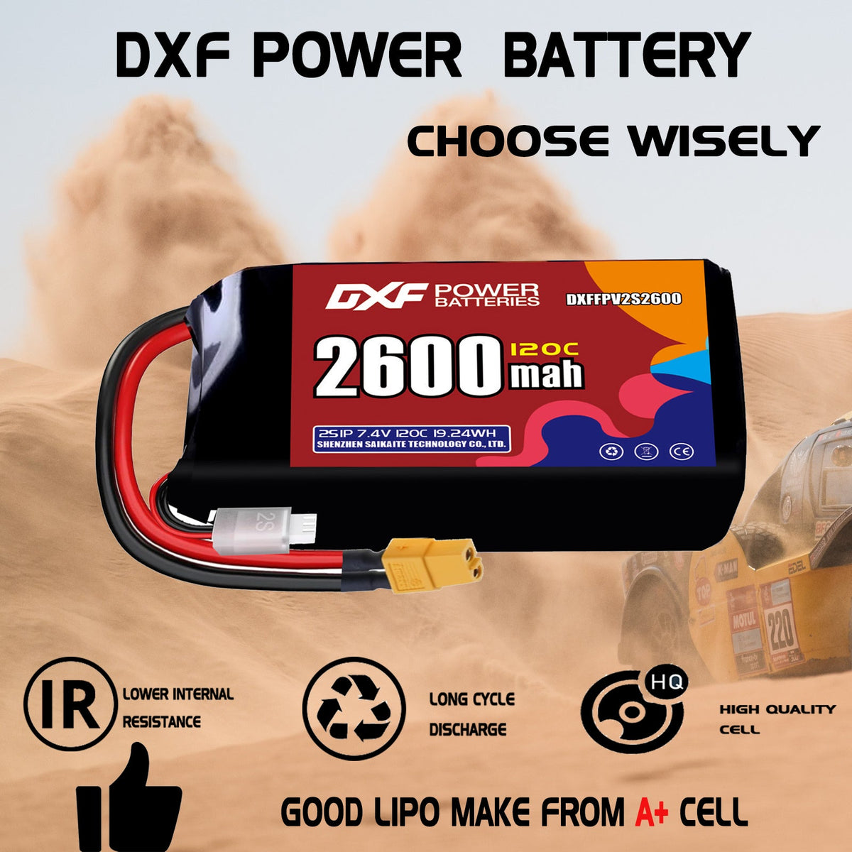 DXF 2S 7.4V 2600mAh 120C LiPo Battery for FPV Micro Drones (PH2.0 / JST / XT30 / SM / XT60 / EC5 / XT90 Options)