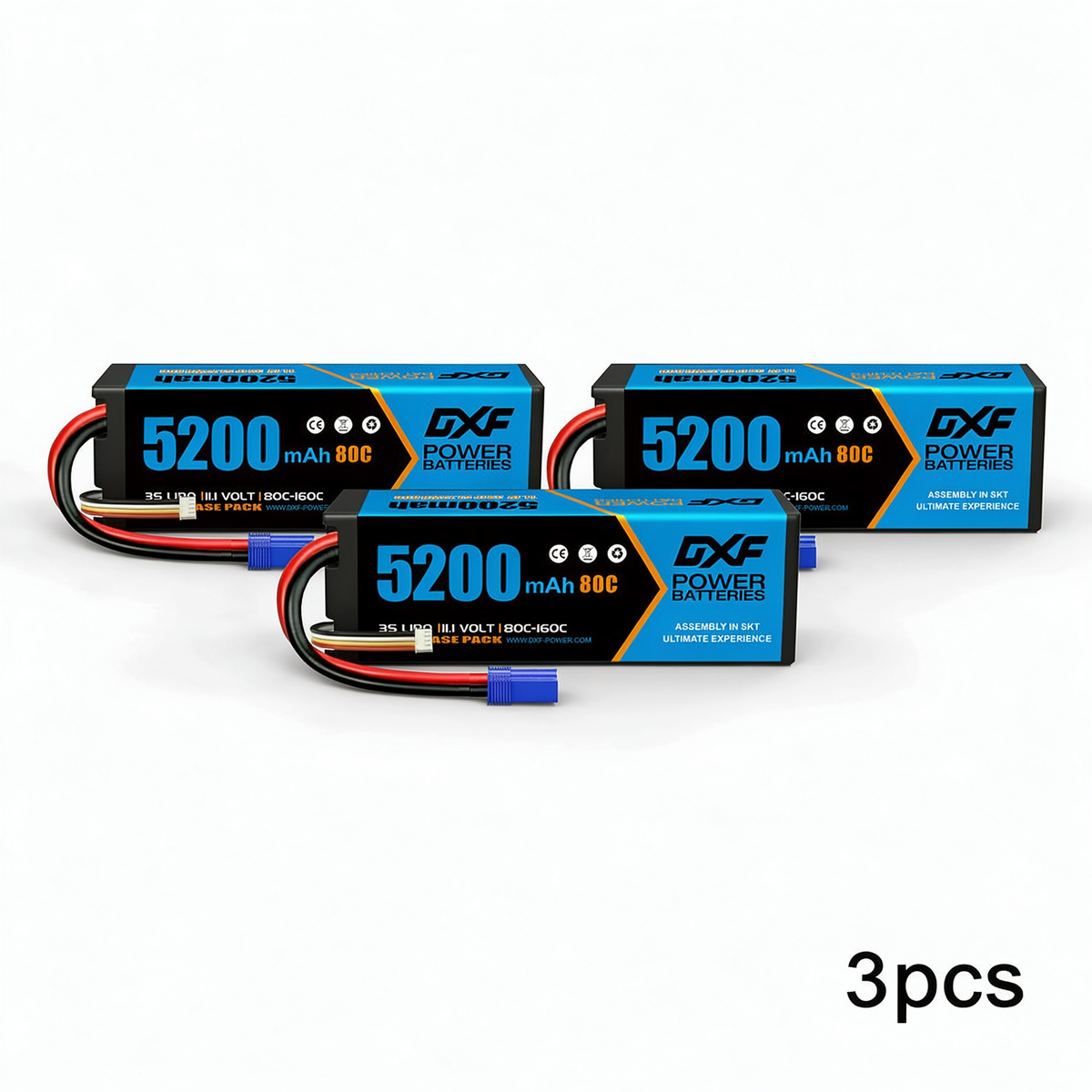 DXF 3S 11.1V 5200mAh 80C Hardcase LiPo Battery with EC5 & 10AWG Wire for Toy Cars, RC Boats, Aircraft Models & FPV Drones (1-6 Pack)