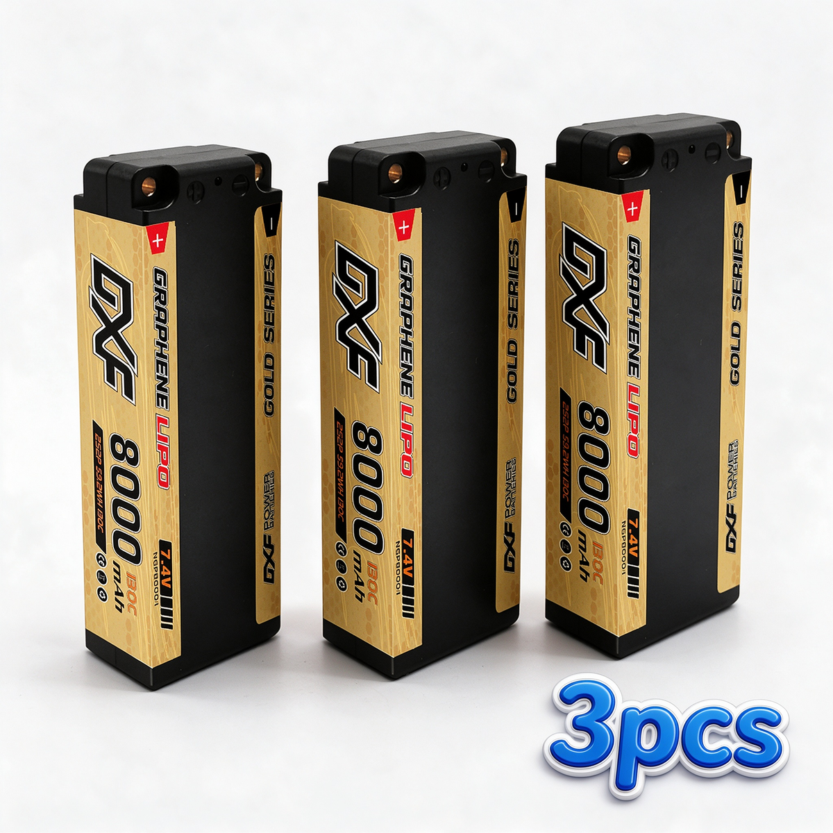 DXF 2S 7.4V 8000mAh 130C Golden NGP Graphene LiPo Hardcase Battery with 12AWG 5mm Bullet to Deans Plug for 1/8 1/10 RC Car Truck Boat Drone (1-6 Pack Available)