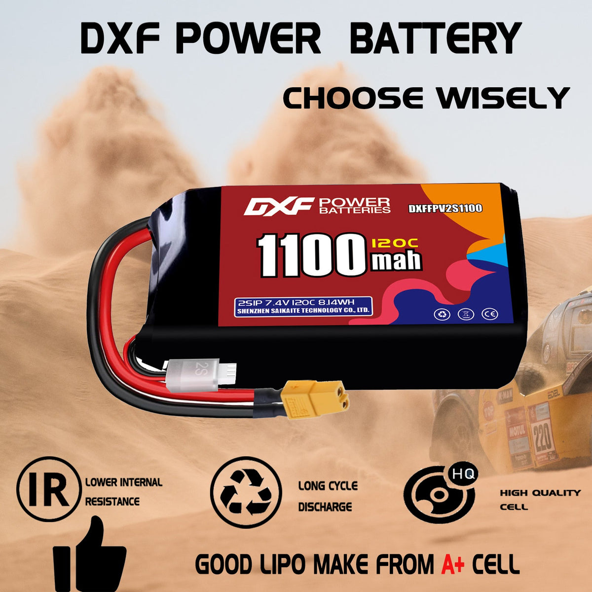 DXF 2S 7.4V 1100mAh 120C LiPo Battery for FPV Micro Drones (PH2.0 / JST / XT30 / SM / XT60 / EC5 / XT90 Options)