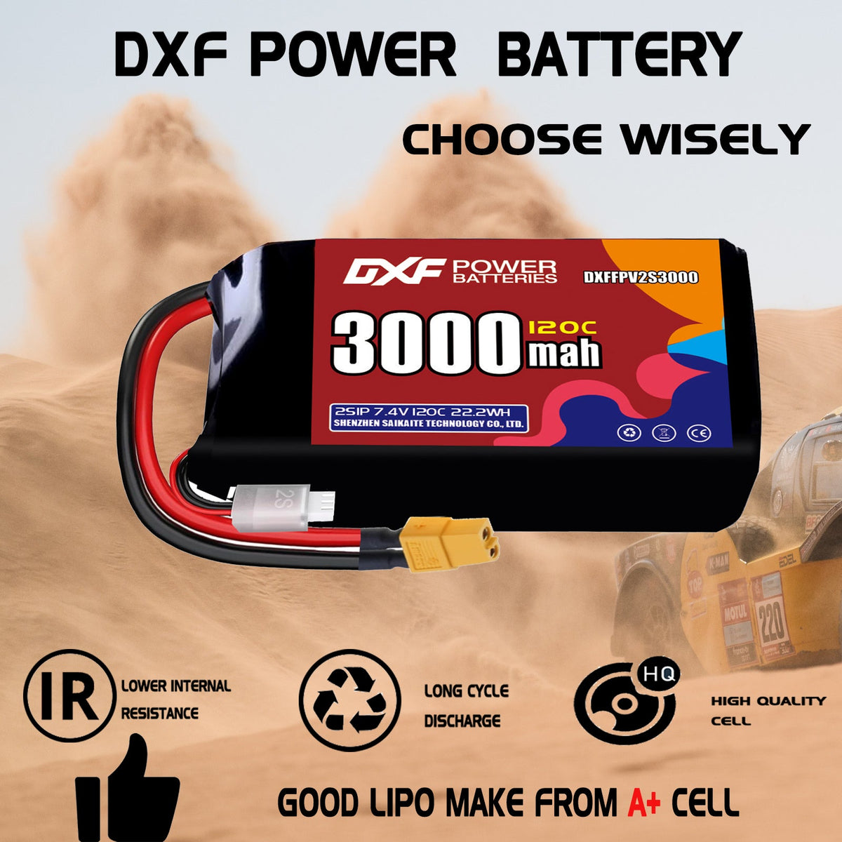 DXF 2S 7.4V 3000mAh 120C LiPo Battery for FPV Micro Drones (PH2.0 / JST / XT30 / SM / XT60 / EC5 / XT90 Options)