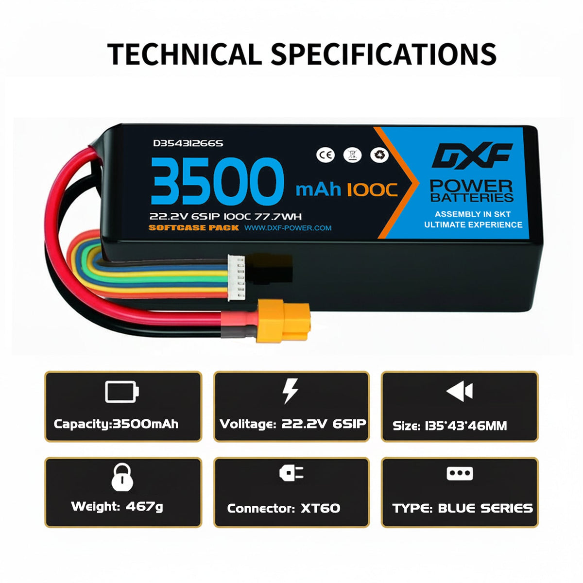 DXF Lipo Battery 6S 22.2V 3500mAh 100C GoldSeries Graphene Softcase with EC5 / T / TRX / XT60 / XT90 / XT150 / Q8s Plug for RC 1/8 1/10 Buggy Truck Car Off-Road Drone