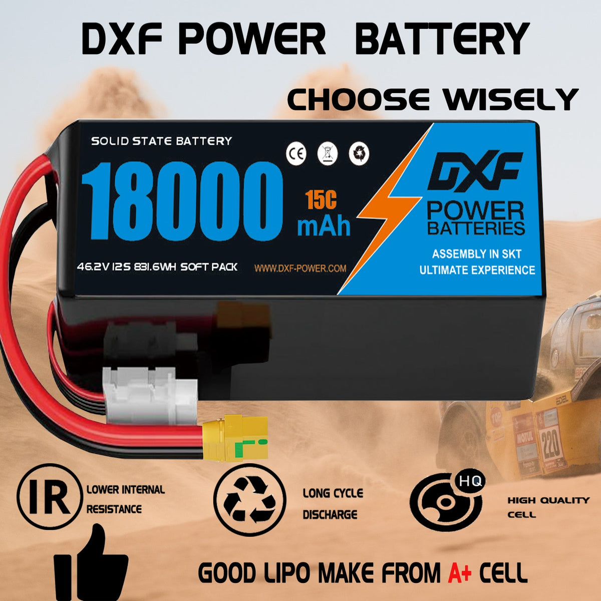 DXF SEMI-SOLID 12S 46.2V 18000mAh 15C Soft Case LiPo Battery with 8AWG Wire for Toy Cars, Boats, UAVs & Drones (1-6 Pack)