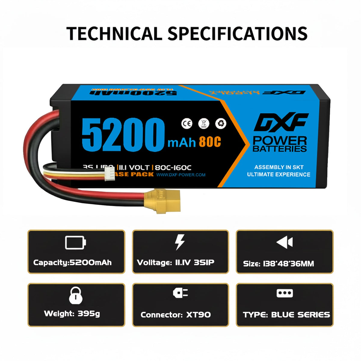 DXF LiPo Battery 3S 11.1V 5200mAh 80C Graphene Hardcase with EC5 / T / TRX / XT60 / XT90 / XT150 / Q8s Plug for RC 1/8 1/10 Buggy Truck Car Off-Road Drone
